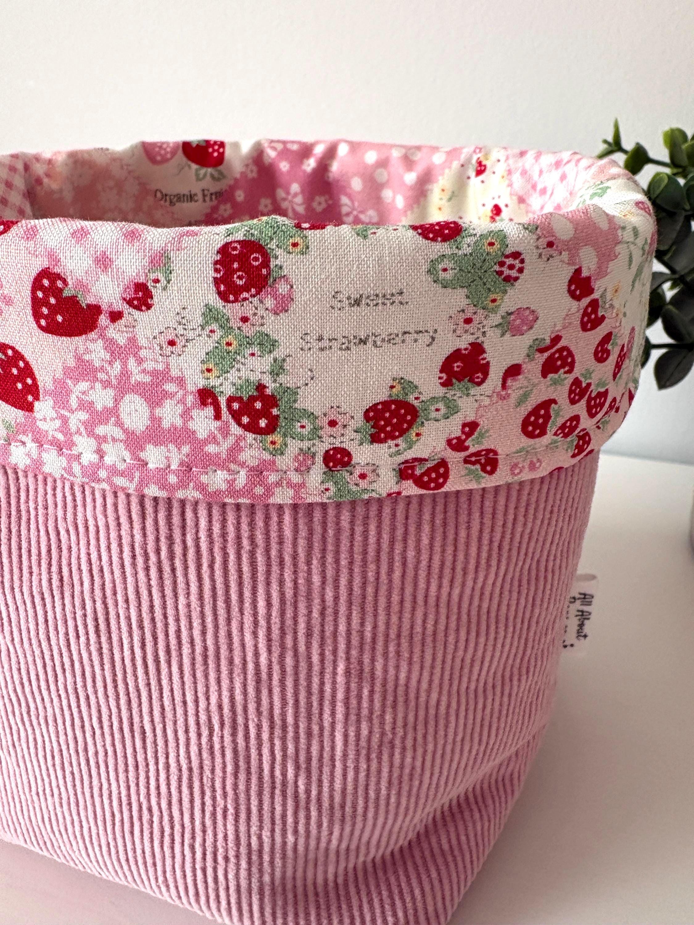 Corduroy padded Makeup Organizer with strawberry lining – Handmade Cotton Vanity puff bucket - All About Bags Co