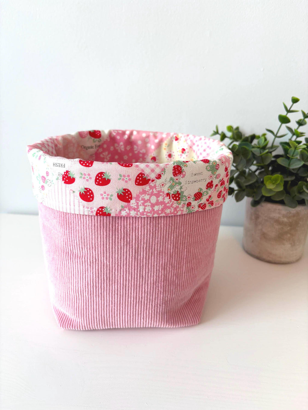 Corduroy padded Makeup Organizer with strawberry lining – Handmade Cotton Vanity puff bucket - All About Bags Co