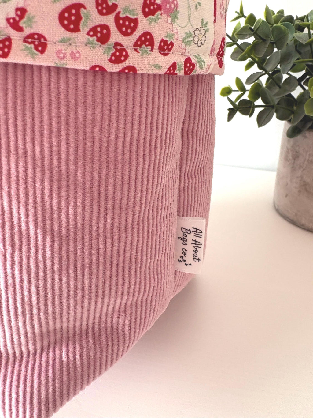Corduroy padded Makeup Organizer with strawberry lining – Handmade Cotton Vanity puff bucket - All About Bags Co