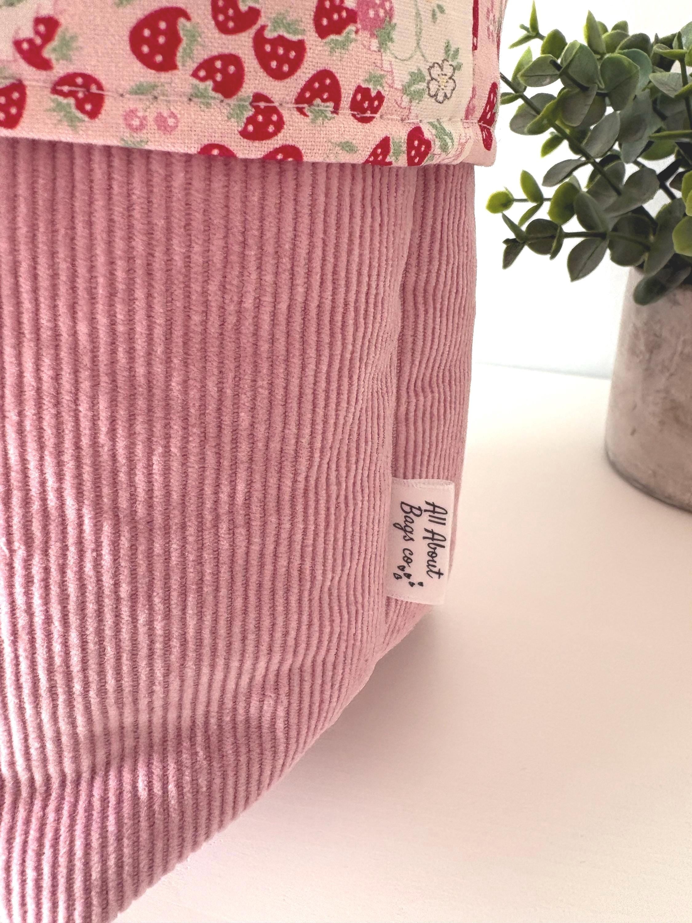 Corduroy padded Makeup Organizer with strawberry lining – Handmade Cotton Vanity puff bucket - All About Bags Co