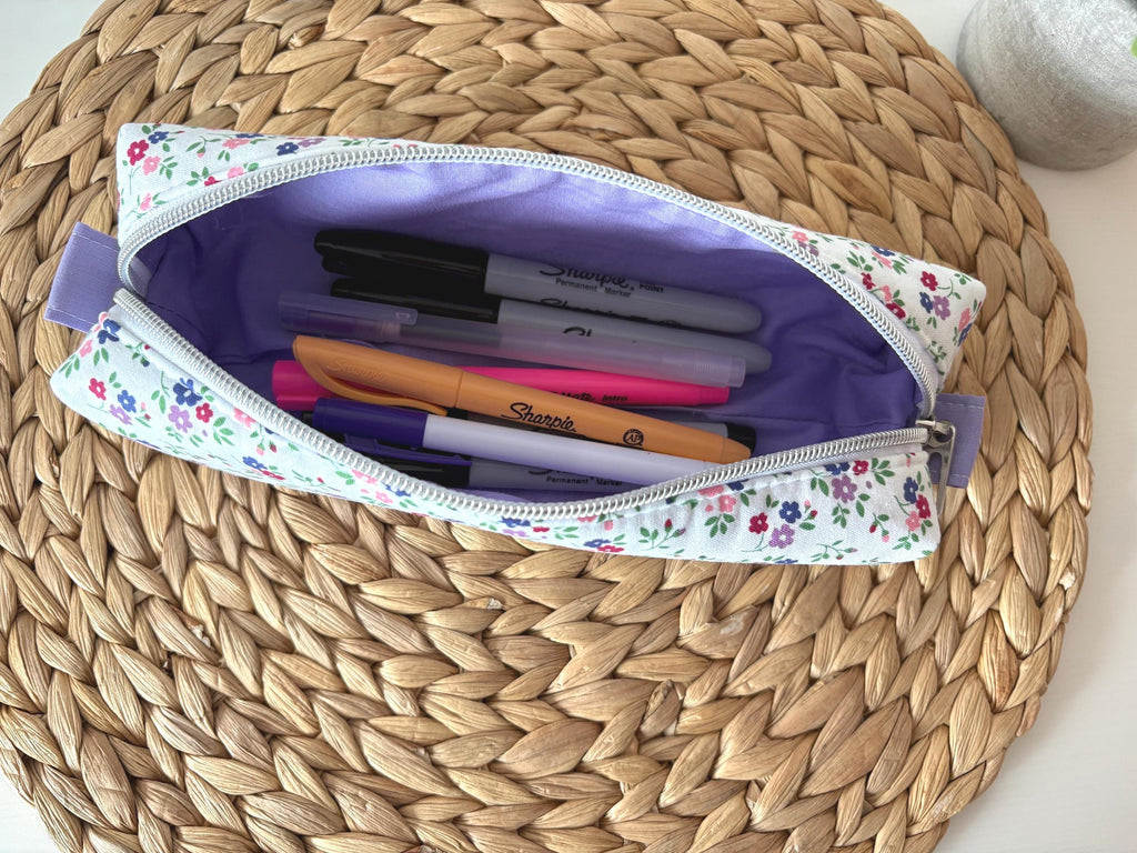 Cotton padded Pencil Case, Floral and gingham Zipper Pouch, Stationery Gift, Kawaii Fabric Pouch - All About Bags Co