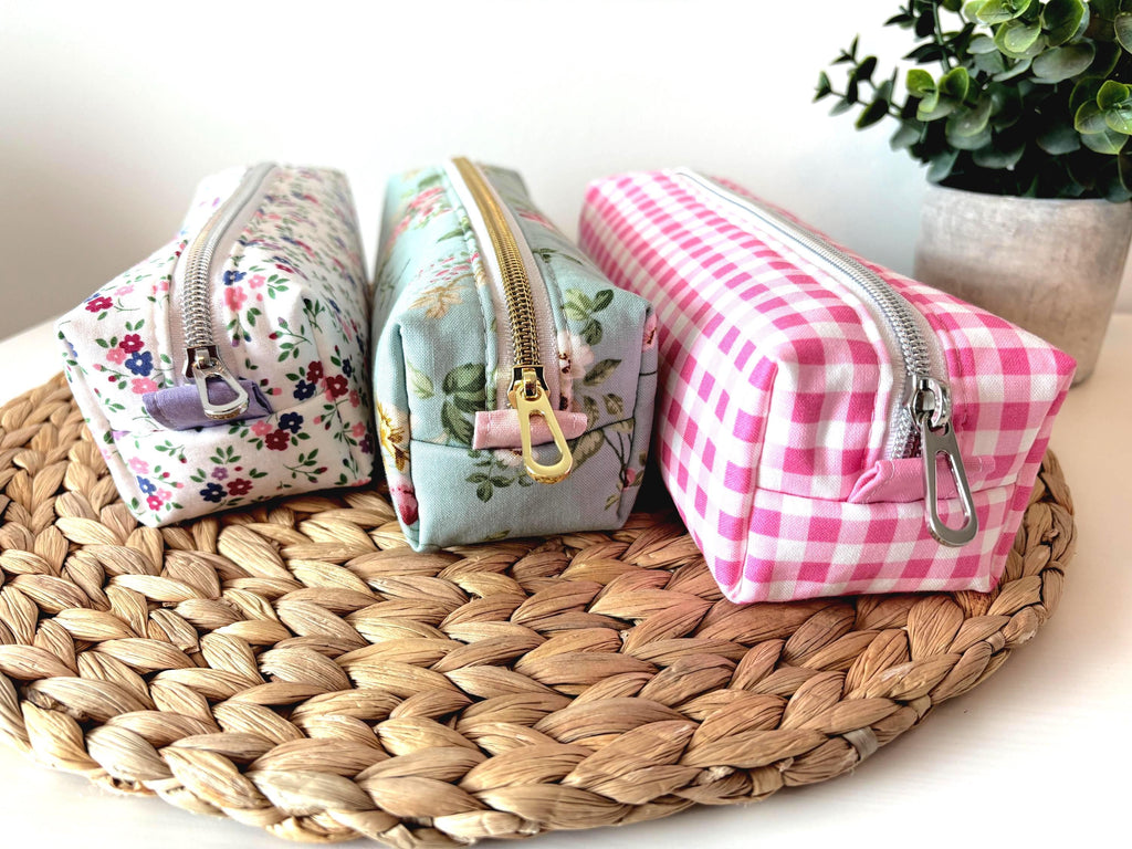 Cotton padded Pencil Case, Floral and gingham Zipper Pouch, Stationery Gift, Kawaii Fabric Pouch - All About Bags Co