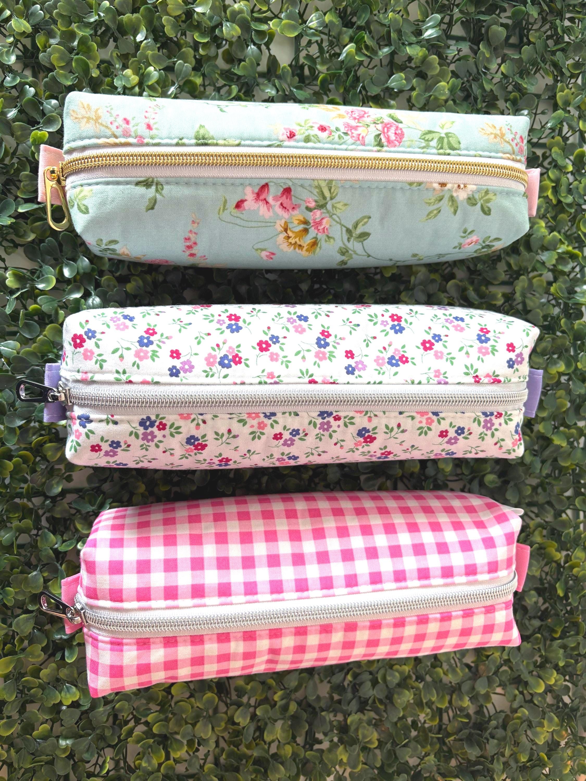 Cotton padded Pencil Case, Floral and gingham Zipper Pouch, Stationery Gift, Kawaii Fabric Pouch - All About Bags Co