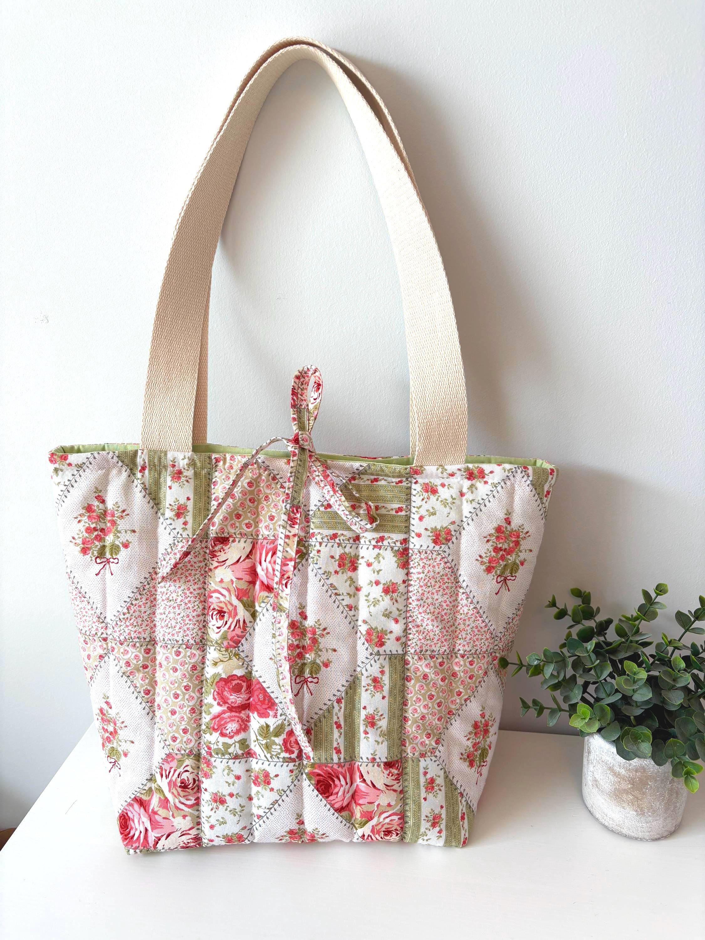 Green Floral Patchwork Quilted Cotton Tote Bag, Cottage core purse - All About Bags Co