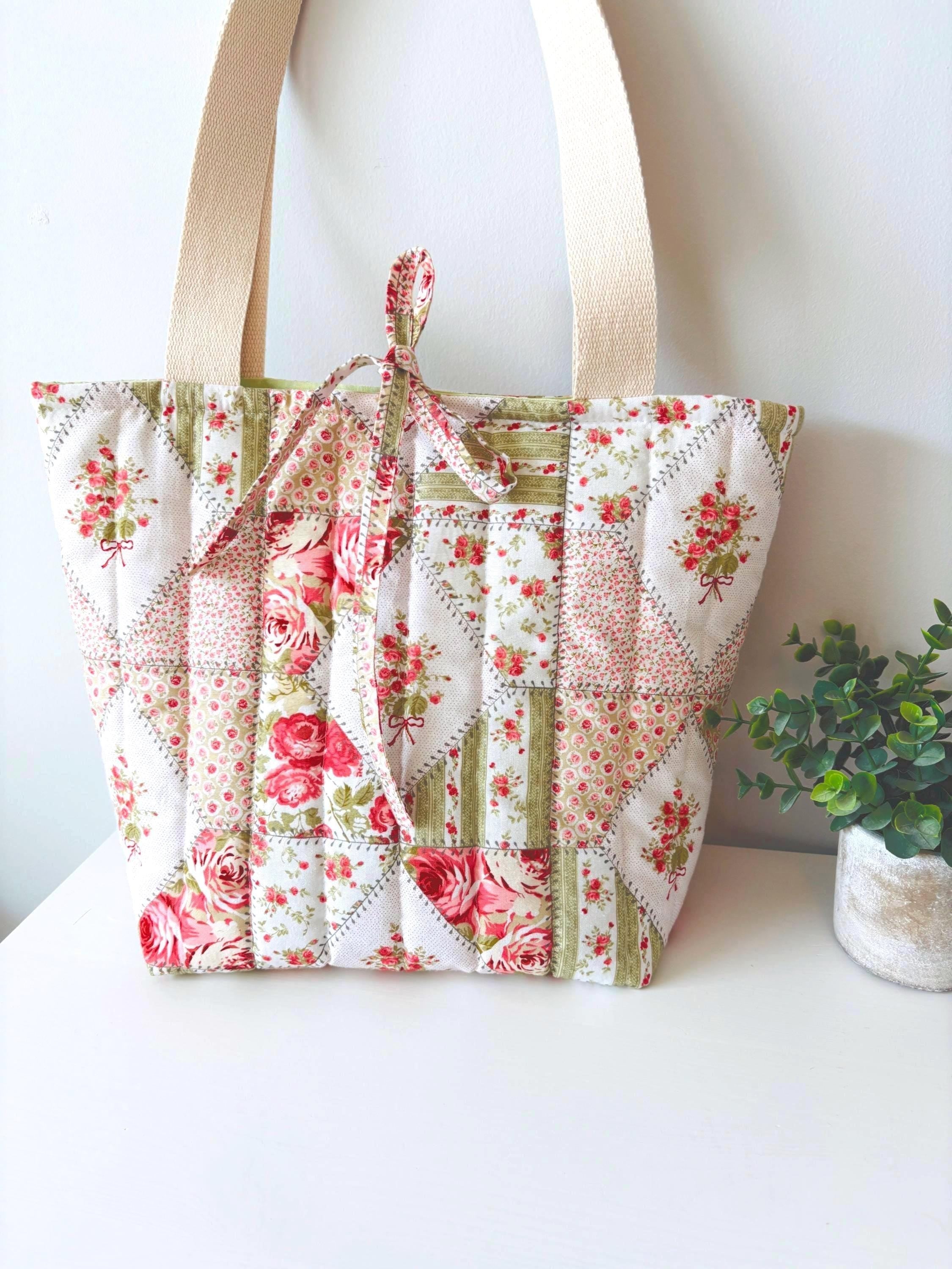 Green Floral Patchwork Quilted Cotton Tote Bag, Cottage core purse - All About Bags Co