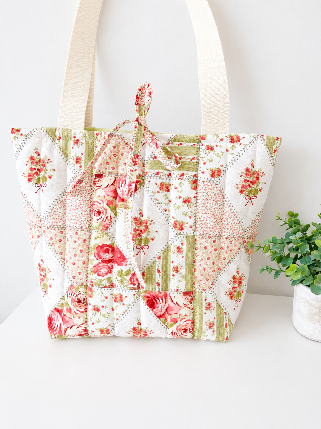 Green Floral Patchwork Quilted Cotton Tote Bag, Cottage core purse