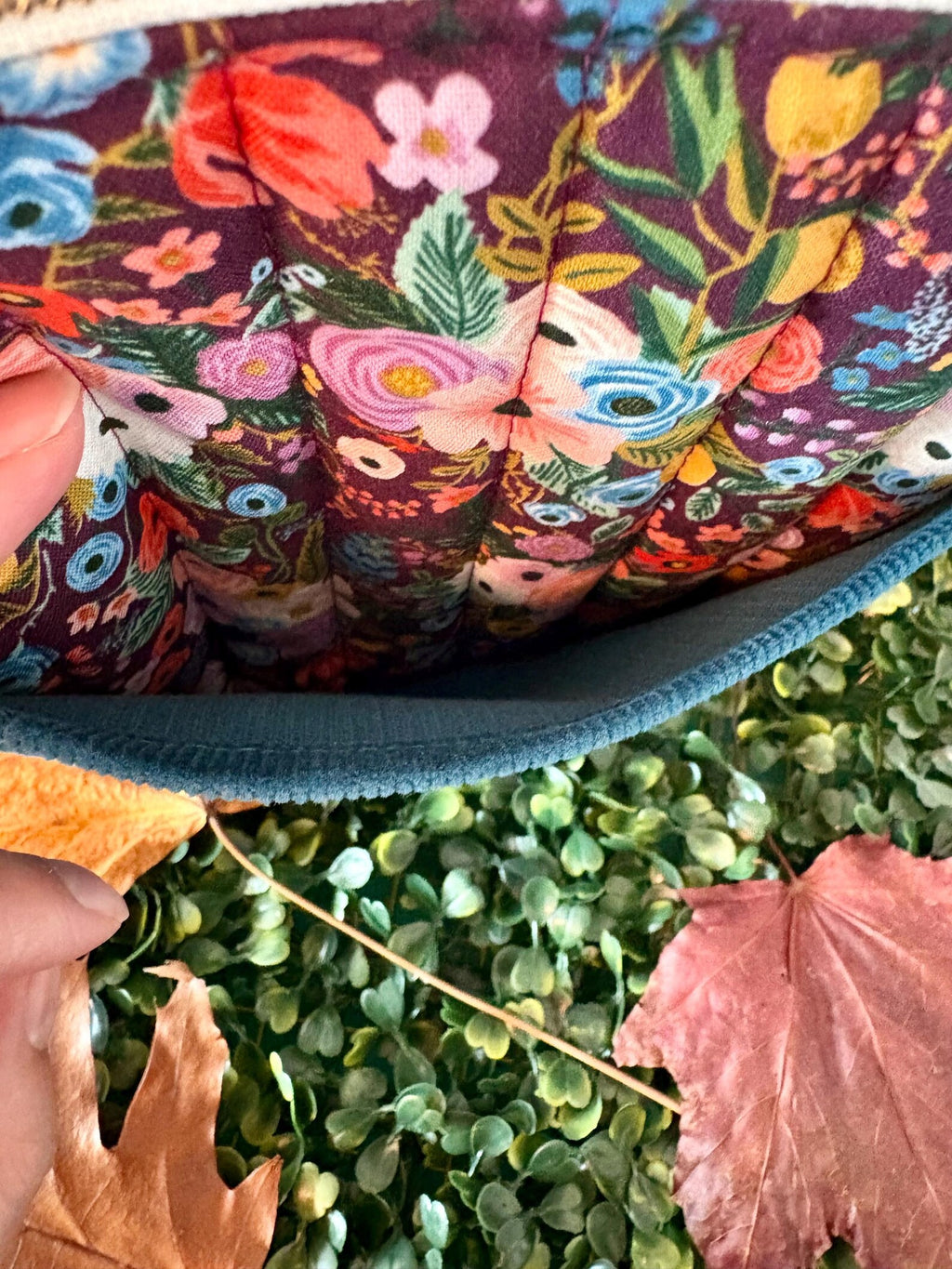 Quilted Kindle Sleeve: Rifle Paper Co Floral with turquoise Corduroy Pocket