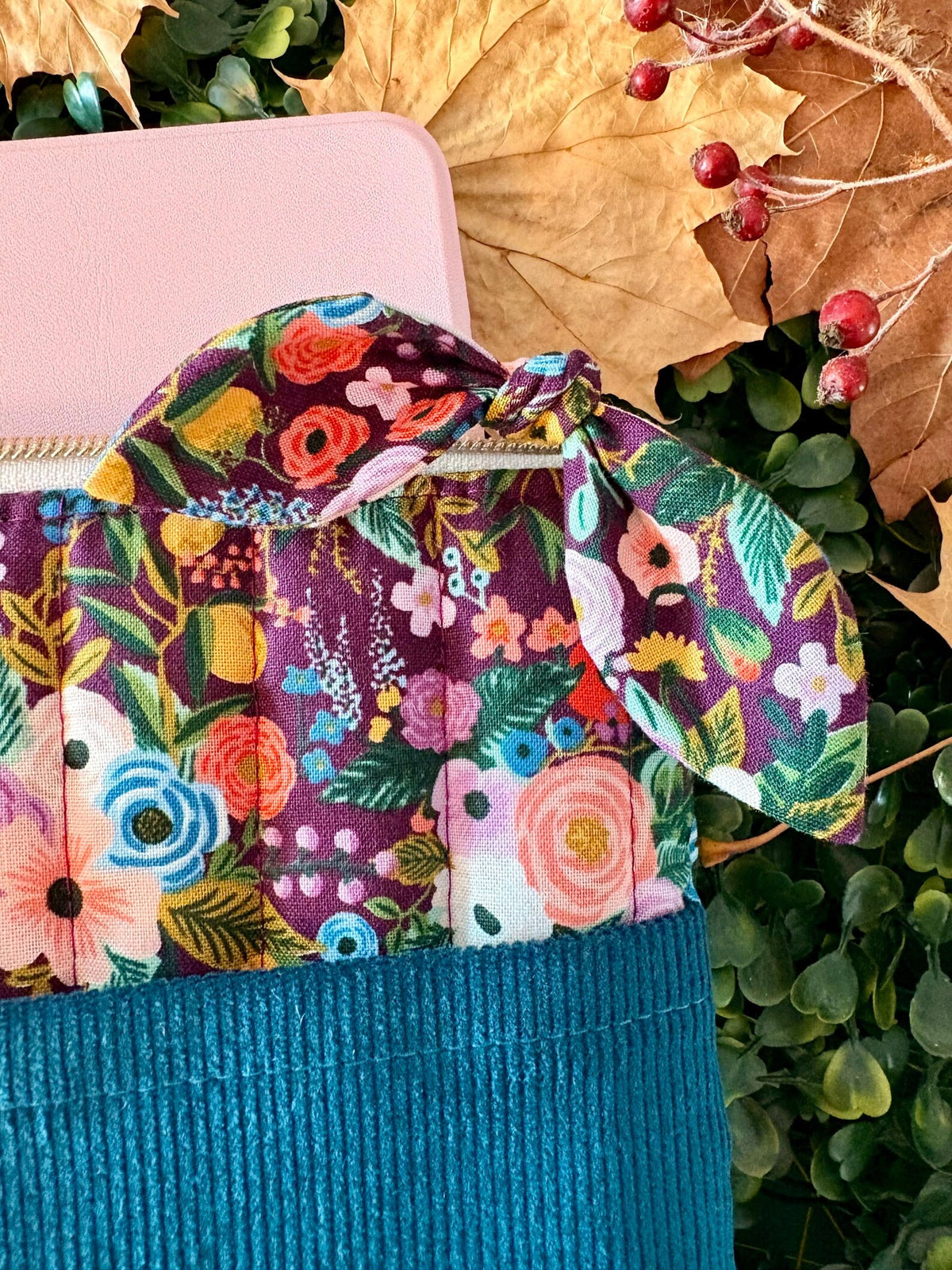 Quilted Kindle Sleeve: Rifle Paper Co Floral with turquoise Corduroy Pocket