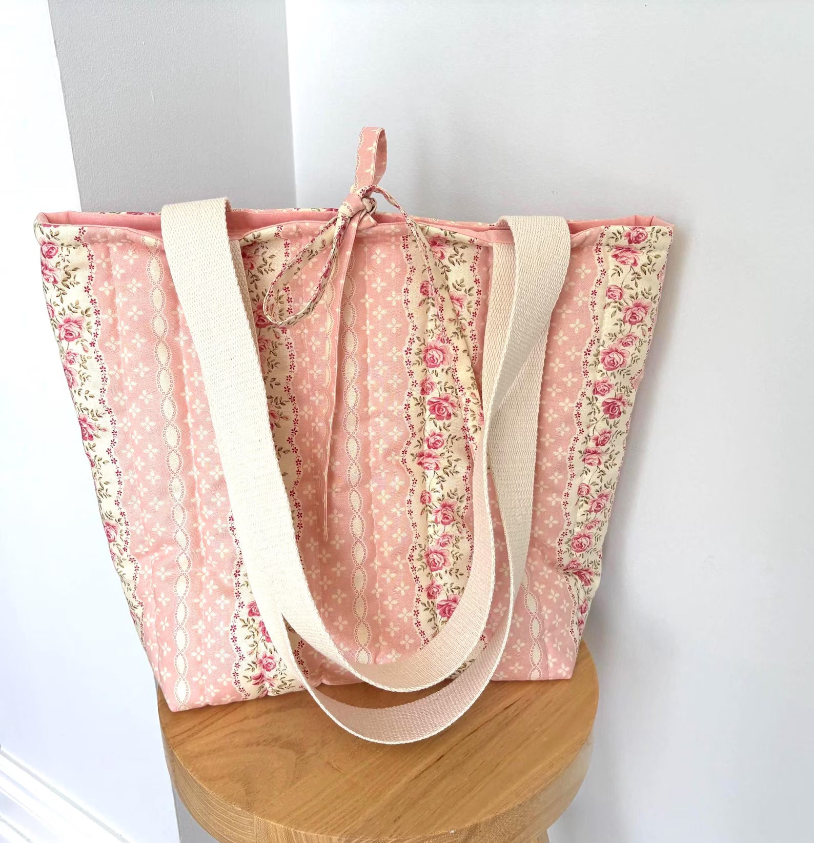 Peach Floral Patchwork Quilted Cotton Tote Bag, Cottage core purse