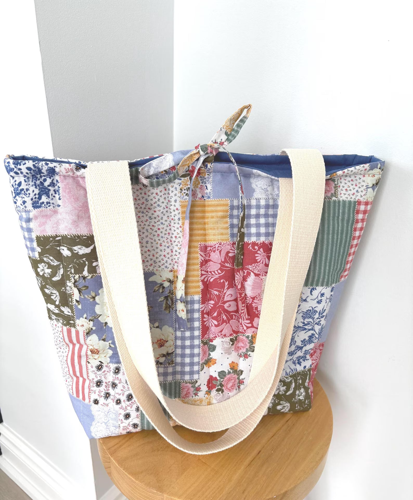 Blue Boho Patchwork Quilted Cotton Tote Bag, Cottage core purse - All About Bags Co