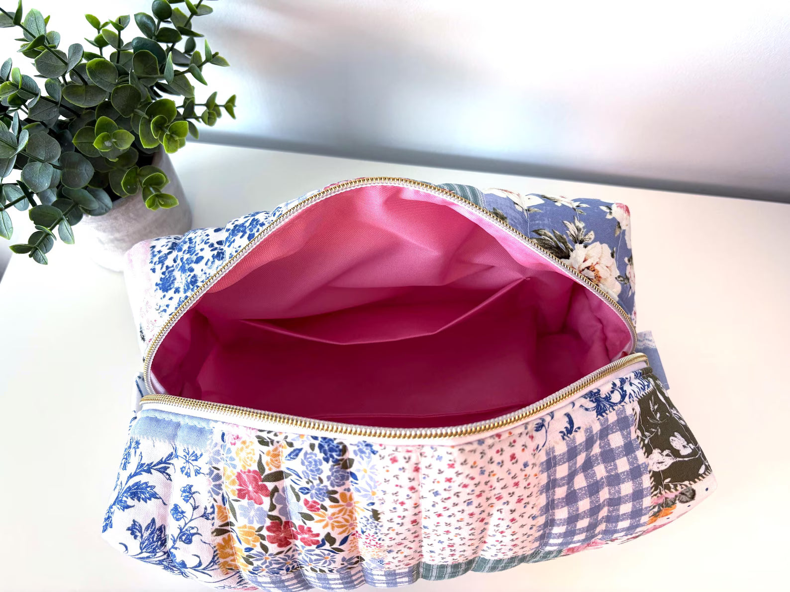 Boho Blue patchwork Makeup Bag with water-resistant lining - Square Boxy Cosmetic Case