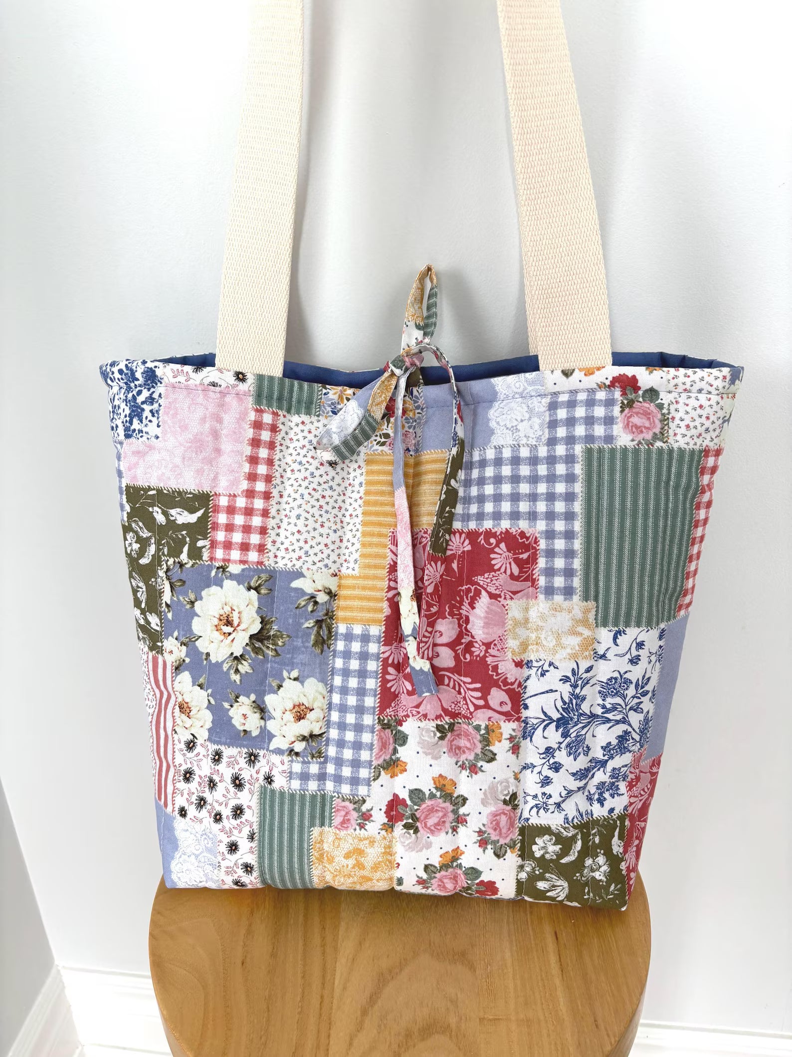 Blue Boho Patchwork Quilted Cotton Tote Bag, Cottage core purse - All About Bags Co