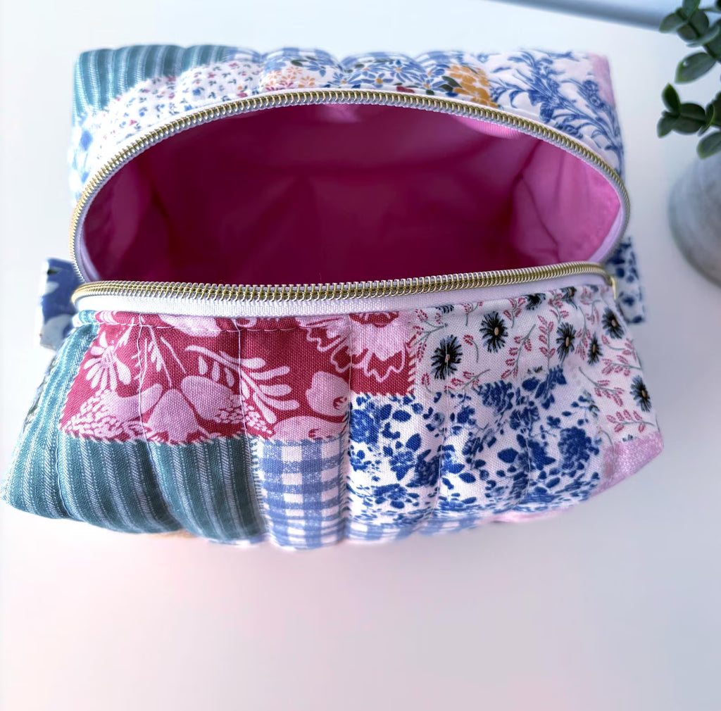 Boho Blue patchwork Makeup Bag with water-resistant lining - Square Boxy Cosmetic Case