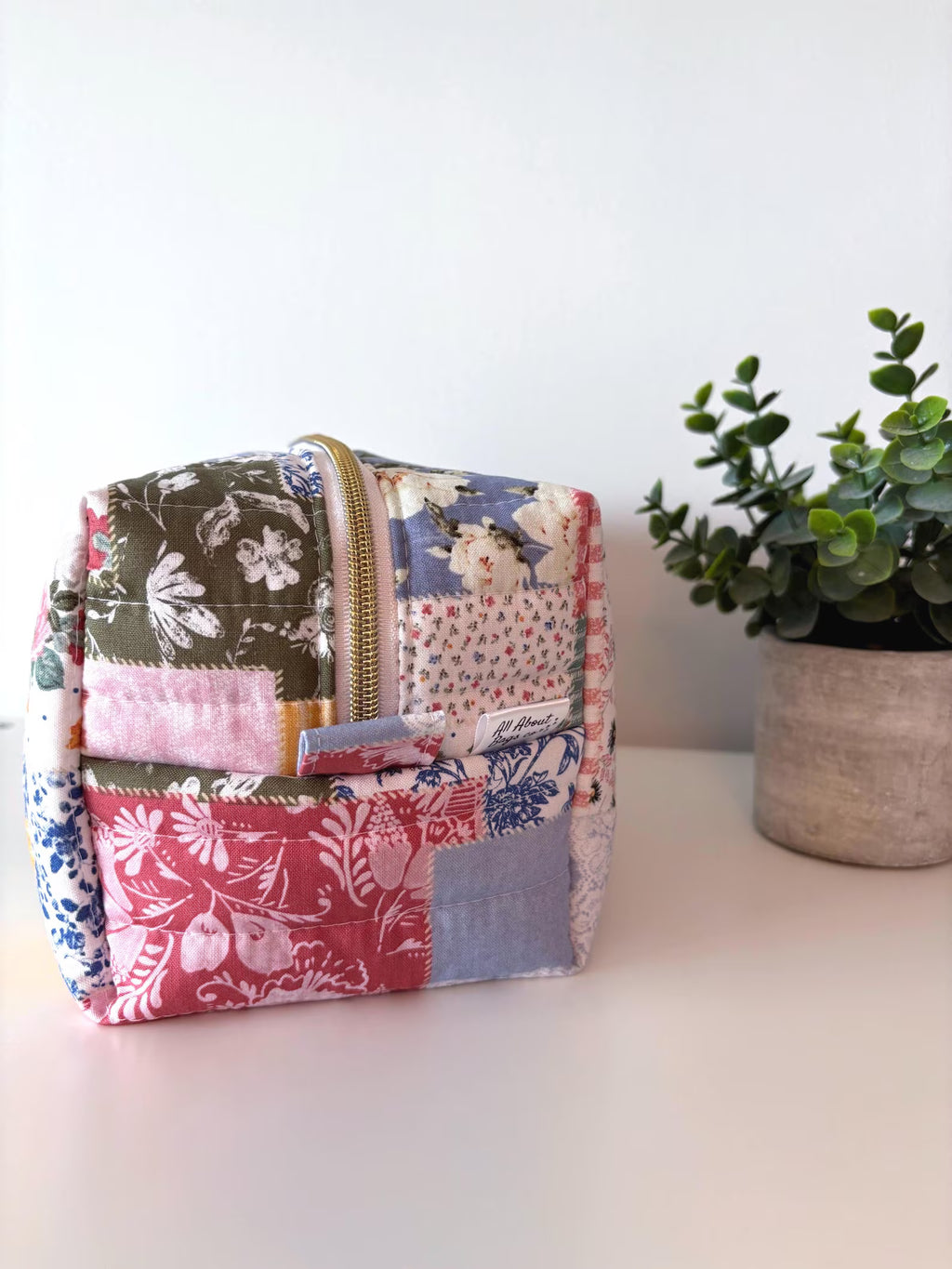 Boho Blue patchwork Makeup Bag with water-resistant lining - Square Boxy Cosmetic Case