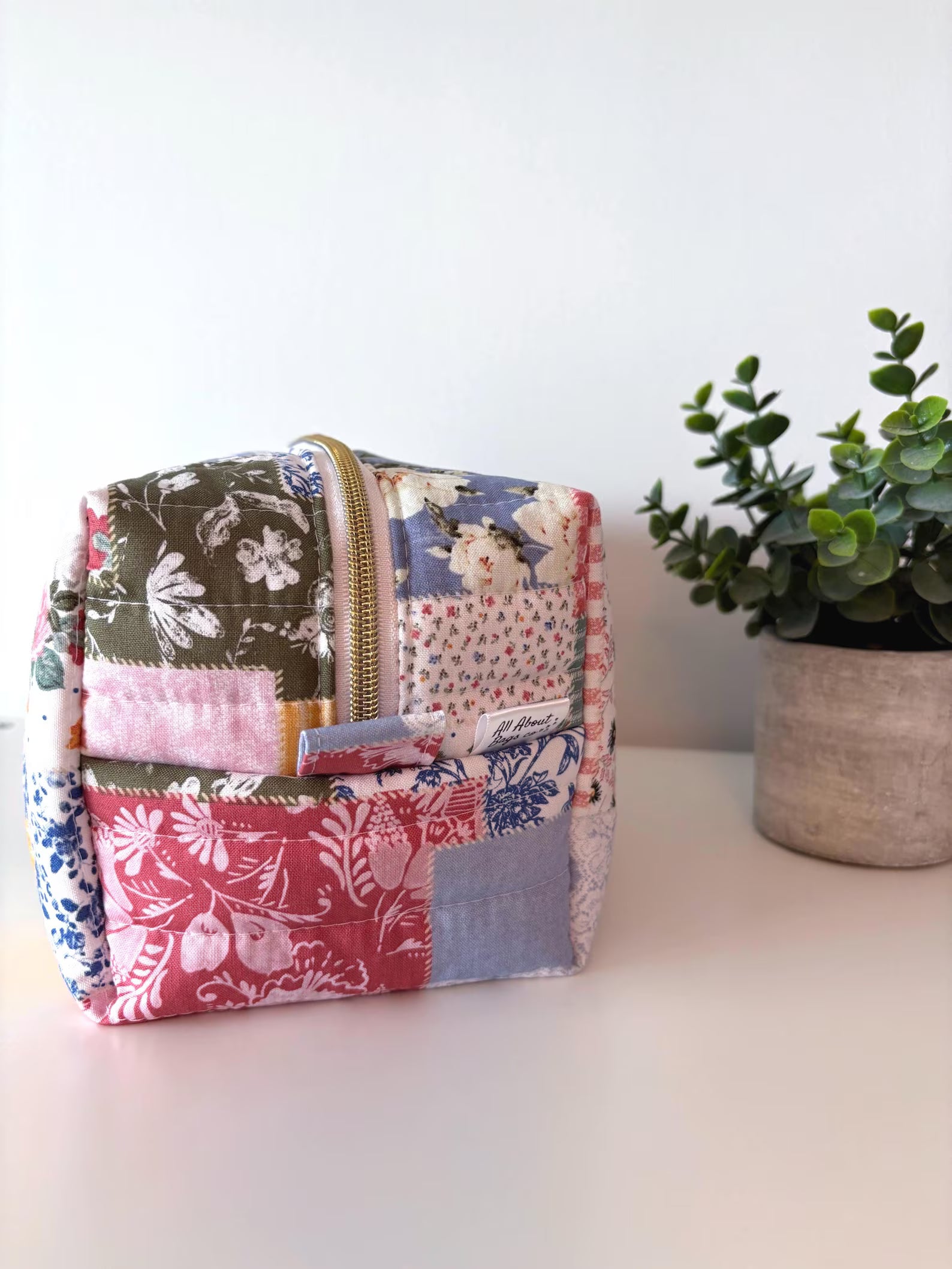 Boho Blue patchwork Makeup Bag with water-resistant lining - Square Boxy Cosmetic Case