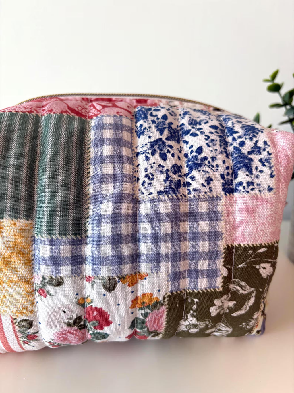 Boho Blue patchwork Makeup Bag with water-resistant lining - Square Boxy Cosmetic Case
