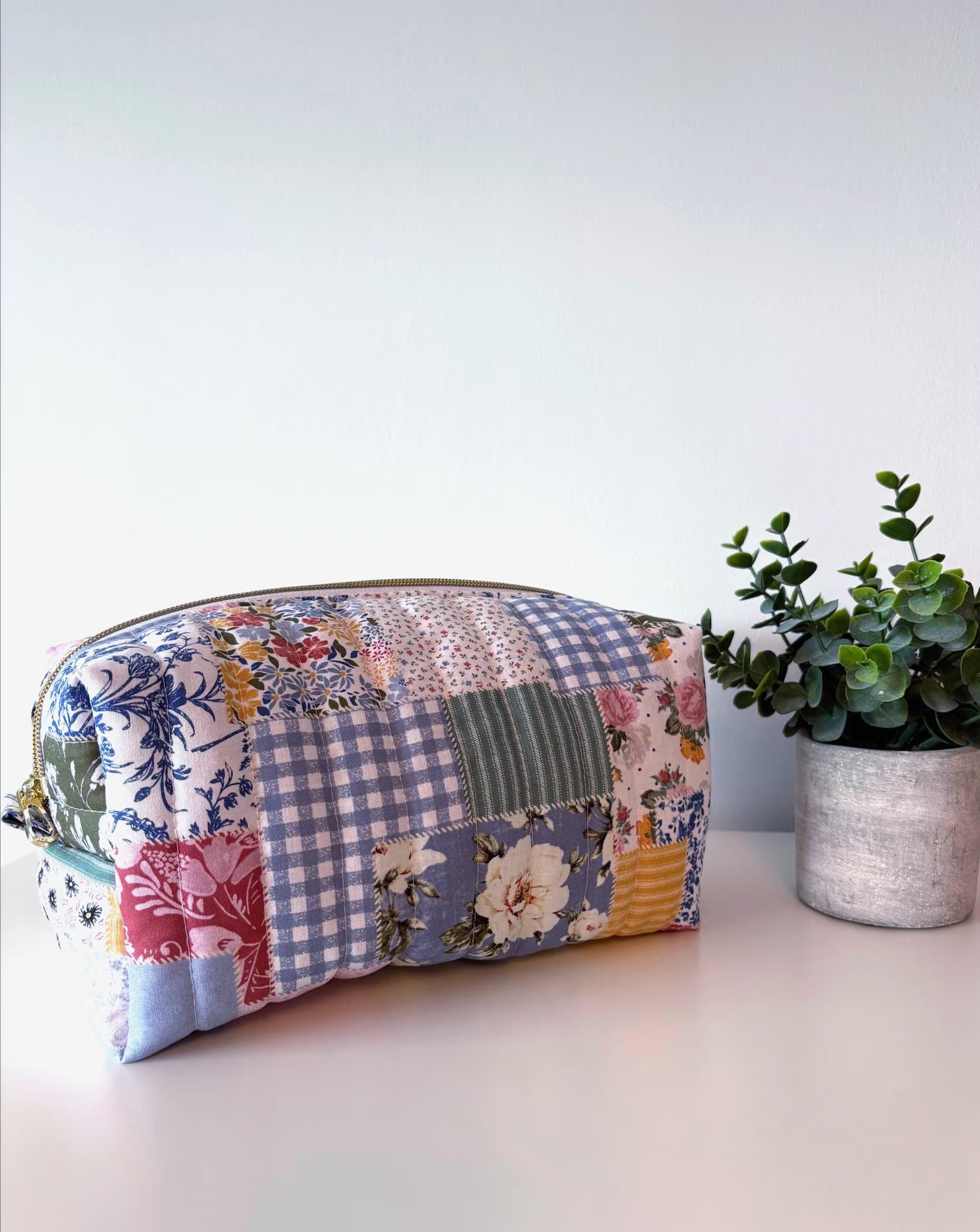 Boho Blue patchwork Makeup Bag with water-resistant lining - Square Boxy Cosmetic Case