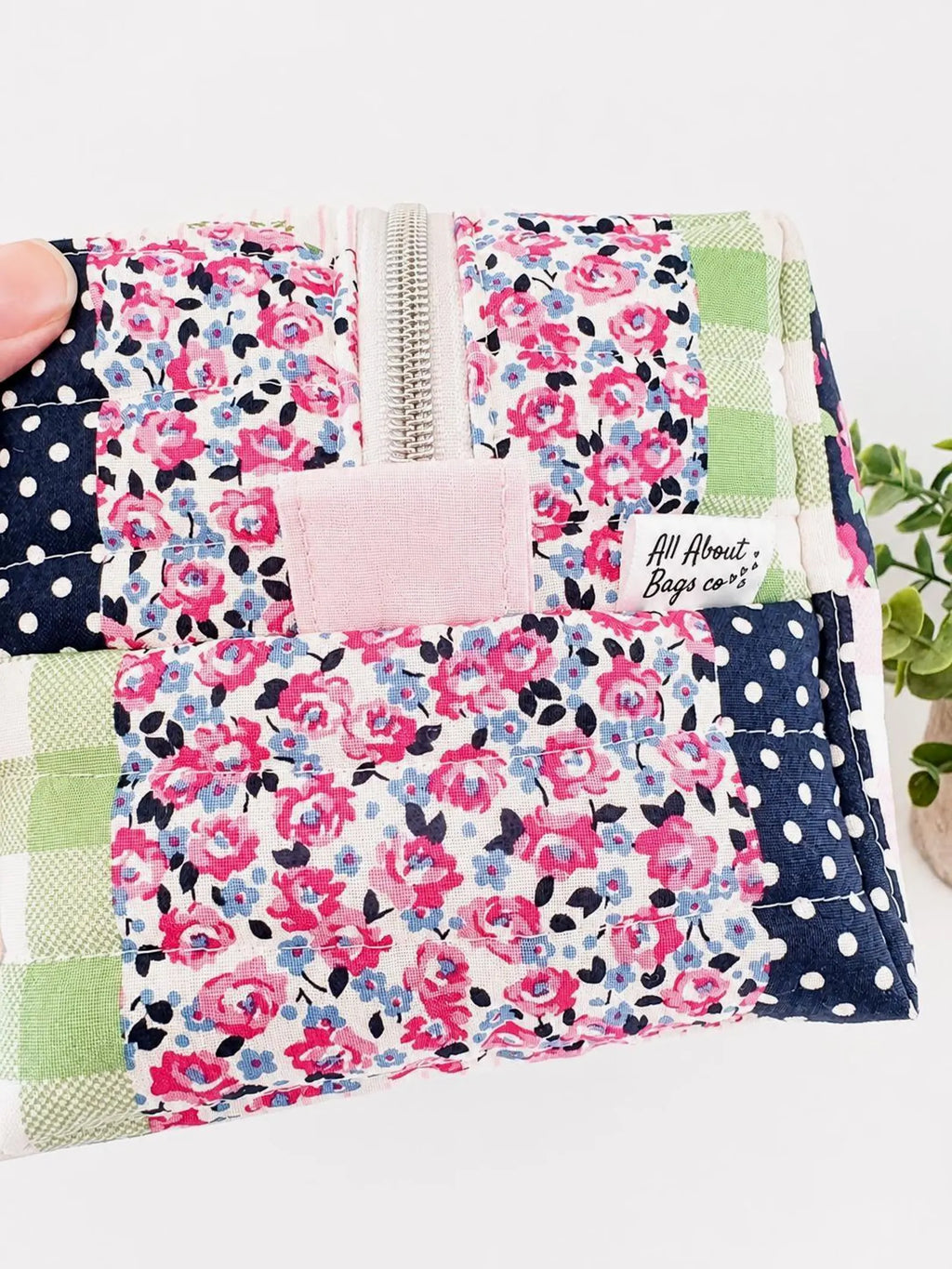 Bold Blue Pink patchwork Makeup Bag with water-resistant lining - Square Boxy Cosmetic Case - All About Bags Co