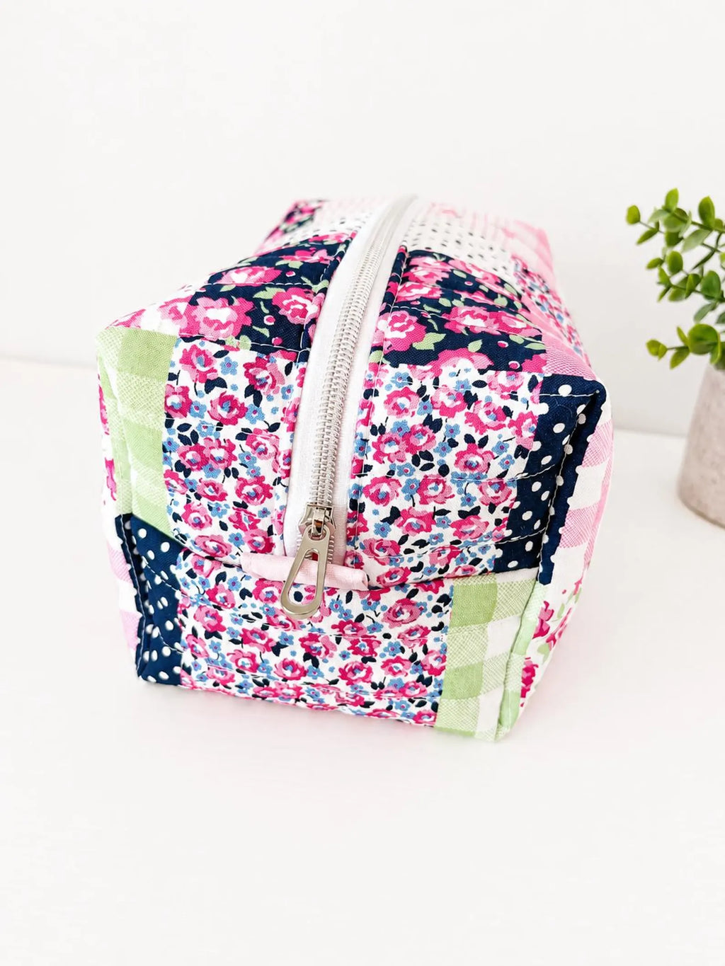 Bold Blue Pink patchwork Makeup Bag with water-resistant lining - Square Boxy Cosmetic Case - All About Bags Co