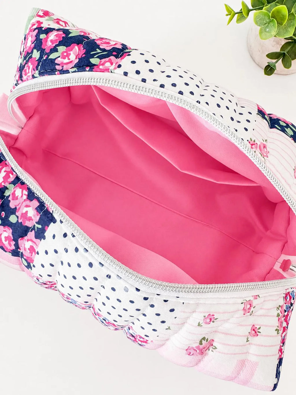 Bold Blue Pink patchwork Makeup Bag with water-resistant lining - Square Boxy Cosmetic Case - All About Bags Co