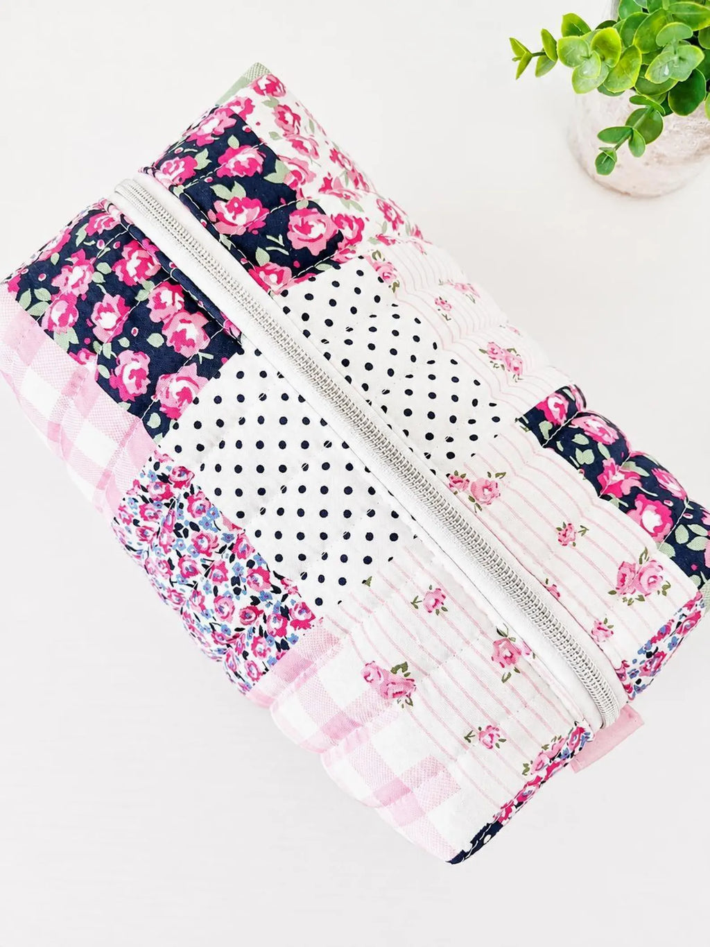Bold Blue Pink patchwork Makeup Bag with water-resistant lining - Square Boxy Cosmetic Case - All About Bags Co