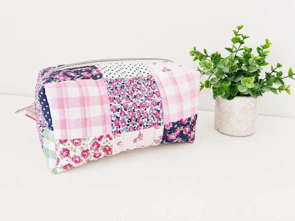 Bold Blue Pink patchwork Makeup Bag with water-resistant lining - Square Boxy Cosmetic Case - All About Bags Co