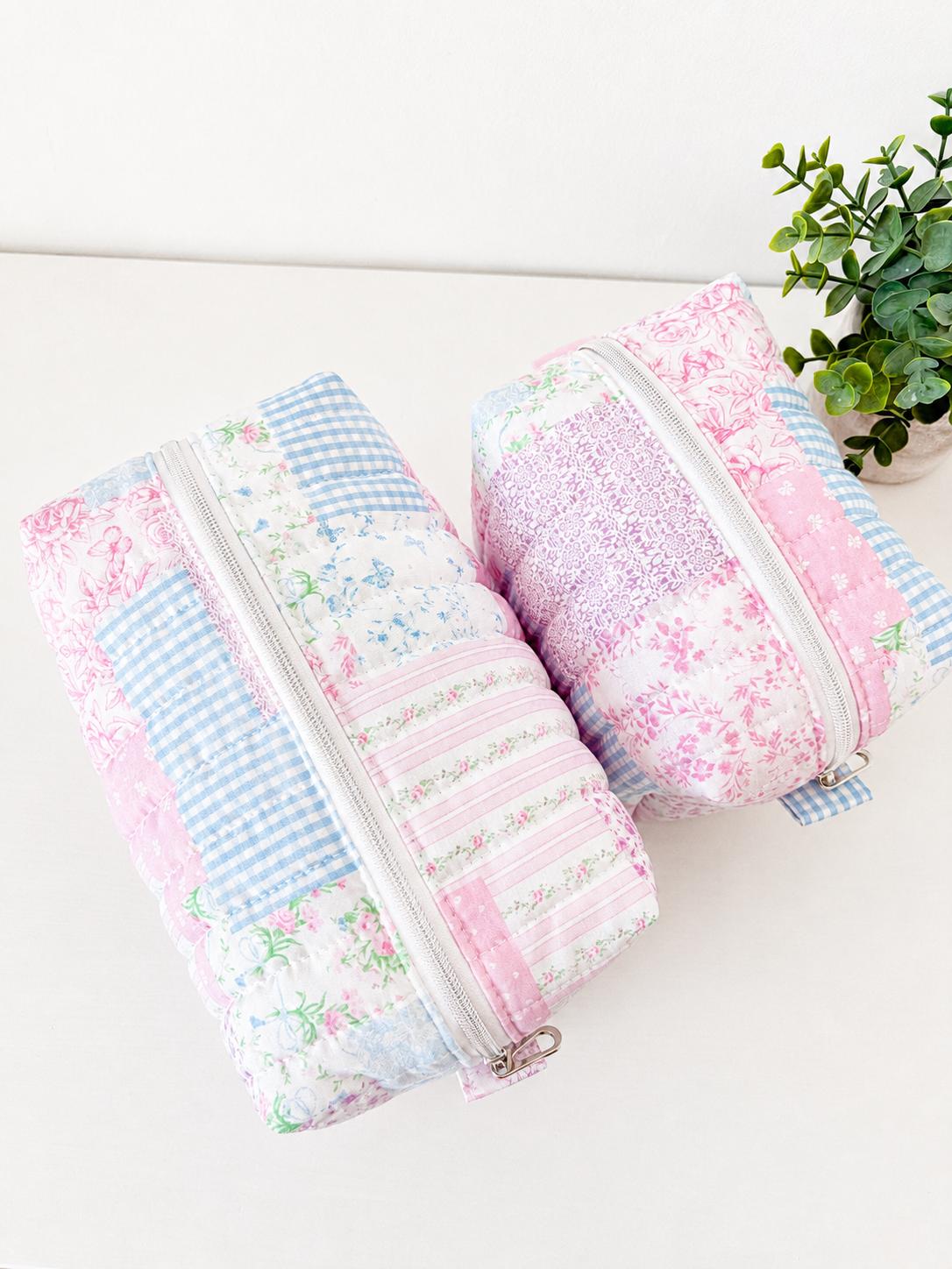 Pastel Blue Pink patchwork Makeup Bag with water-resistant lining - Square Boxy Cosmetic Case - All About Bags Co