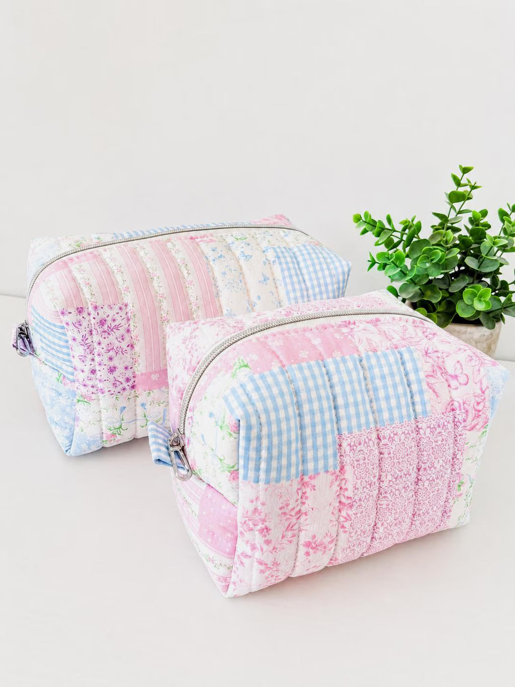 Pastel Blue Pink patchwork Makeup Bag with water-resistant lining - Square Boxy Cosmetic Case - All About Bags Co