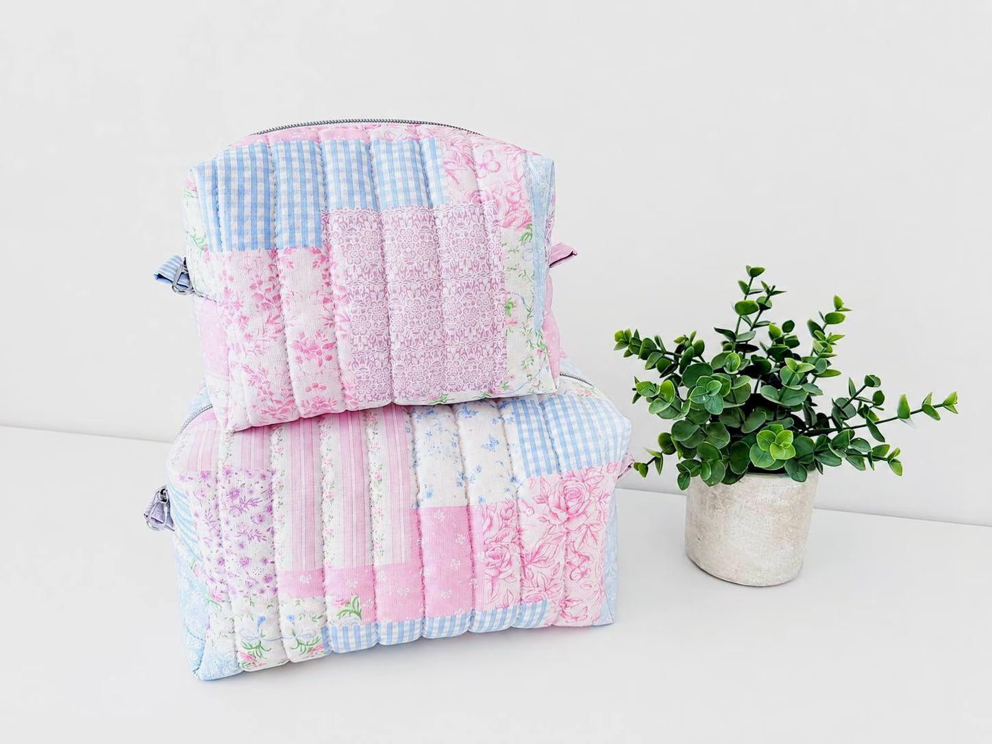 Pastel Blue Pink patchwork Makeup Bag with water-resistant lining - Square Boxy Cosmetic Case - All About Bags Co