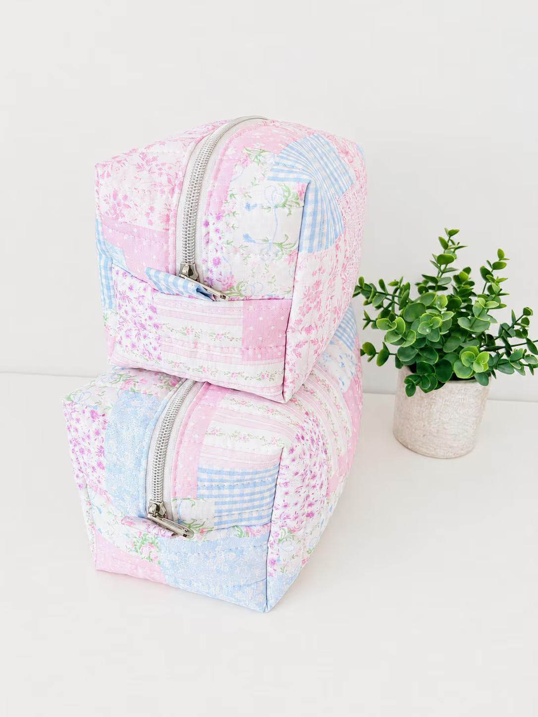 Pastel Blue Pink patchwork Makeup Bag with water-resistant lining - Square Boxy Cosmetic Case - All About Bags Co