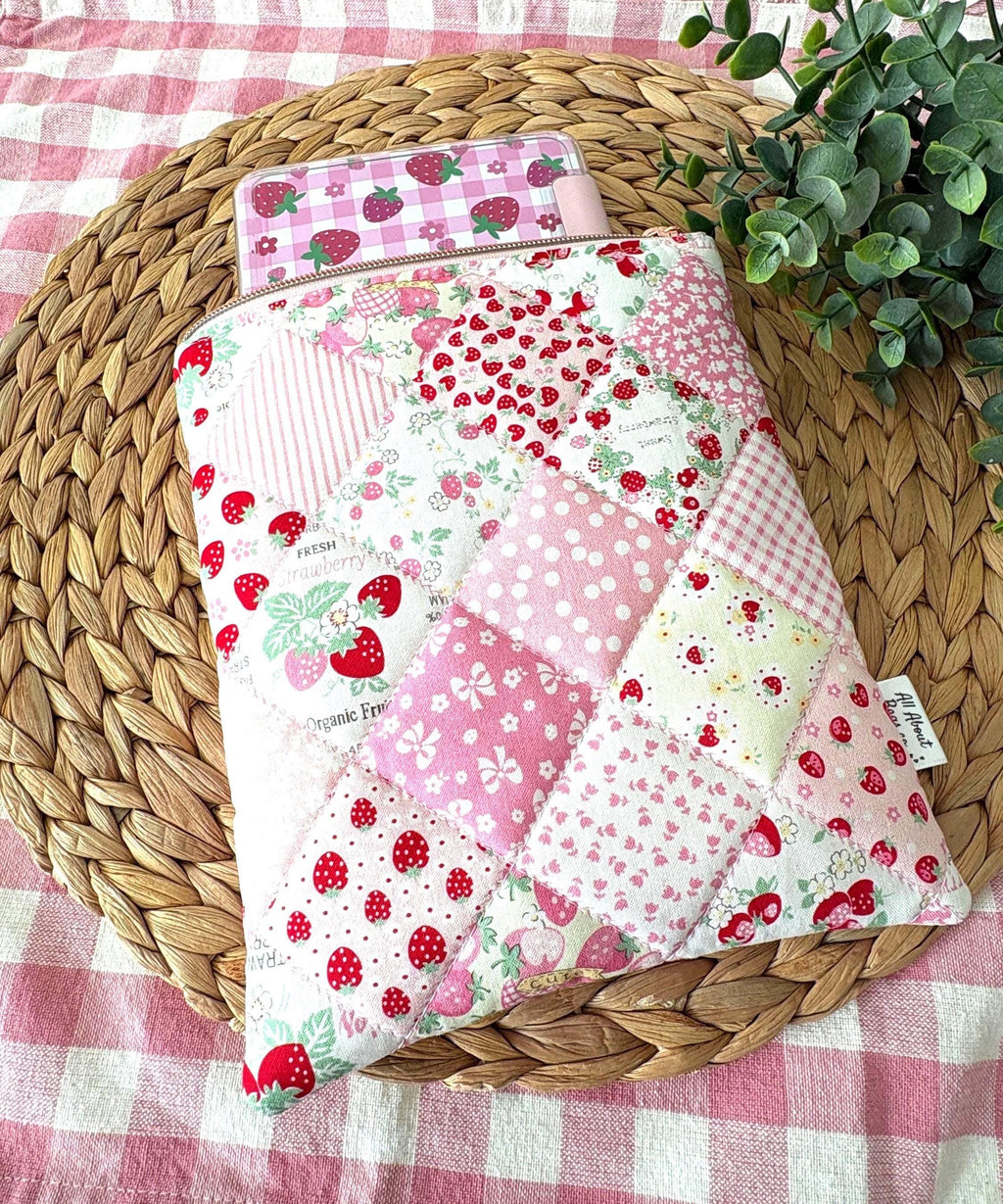 Kindle and Kobo inserts, strawberry patchwork and stamp designs: bookish E reader accessory - All About Bags Co