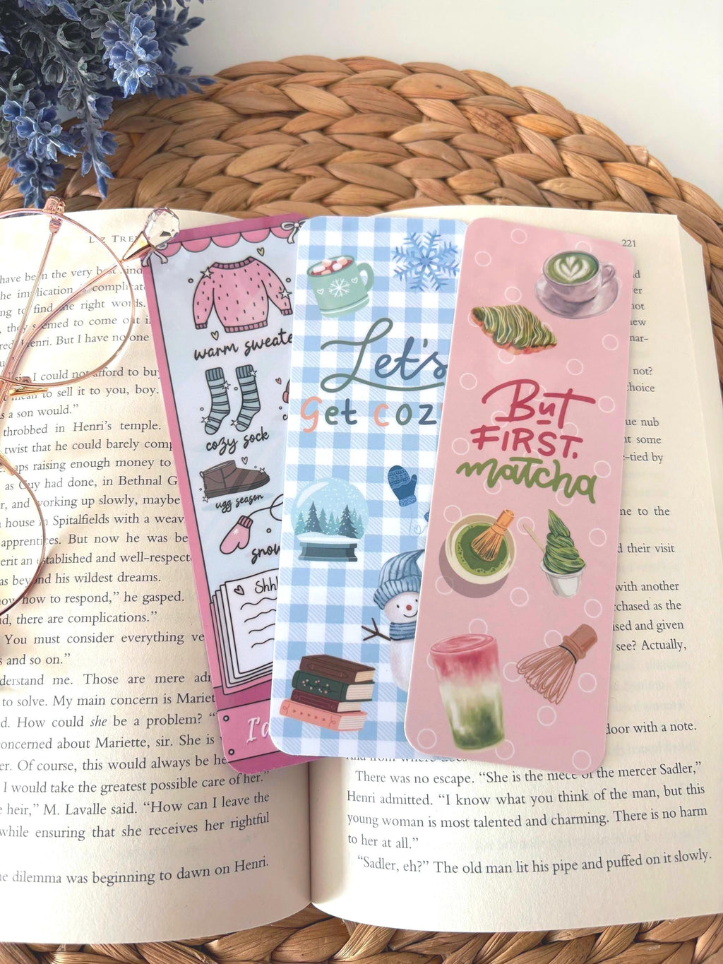 Laminated Bookmarks, strawberry patchwork, matcha, cozy Admit One Ticket Design - All About Bags Co
