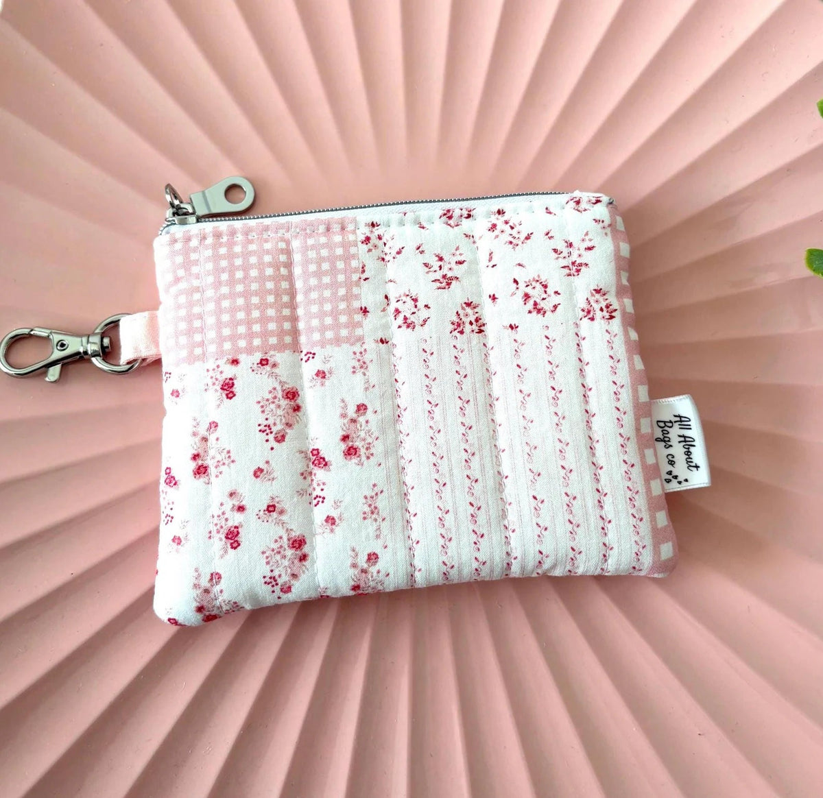 Mini Quilted Zipper Pouch: Cotton Wallet with pocket and clip - All About Bags Co
