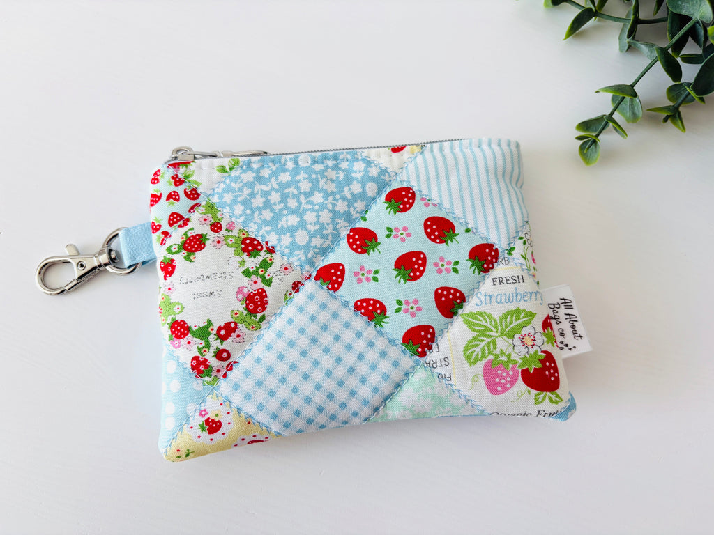 Mini Quilted Zipper Pouch: Strawberry Patchwork Cotton Wallet with pocket and clip - All About Bags Co