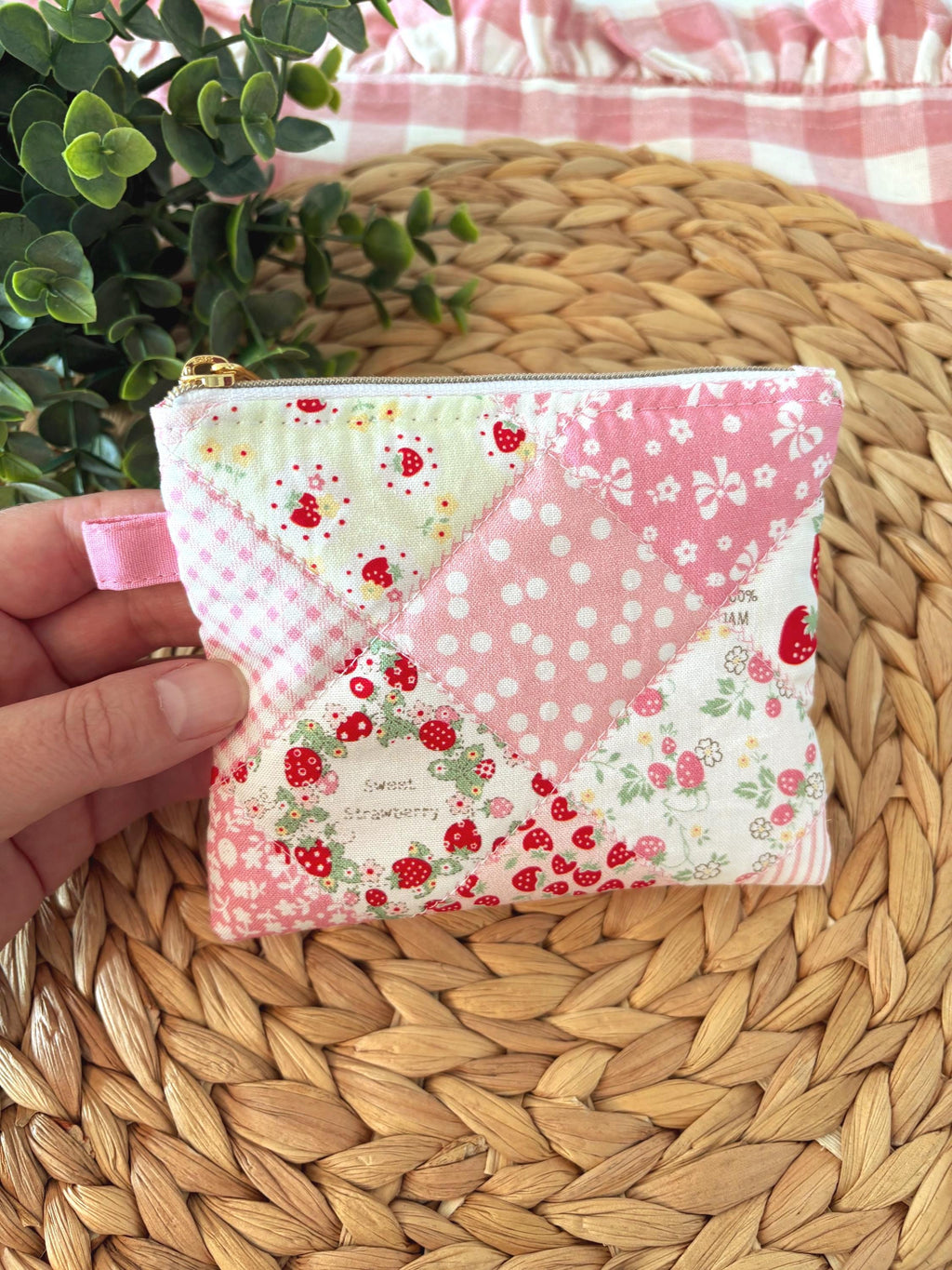 Mini Quilted Zipper Pouch: Strawberry Patchwork Cotton Wallet with pocket and clip - All About Bags Co