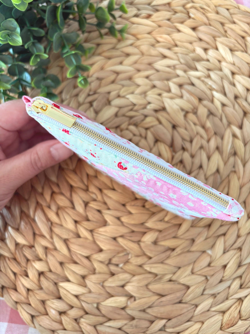 Mini Quilted Zipper Pouch: Strawberry Patchwork Cotton Wallet with pocket and clip - All About Bags Co