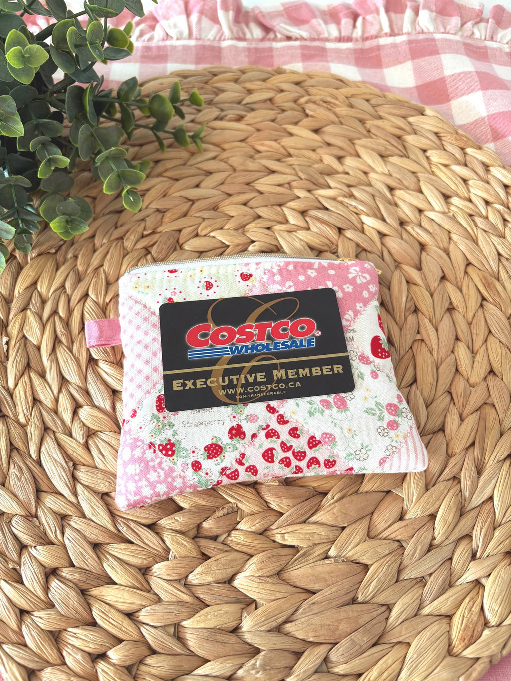 Mini Quilted Zipper Pouch: Strawberry Patchwork Cotton Wallet with pocket and clip - All About Bags Co
