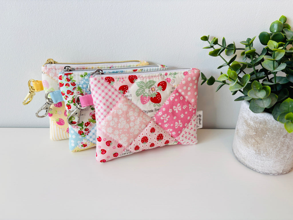 Mini Quilted Zipper Pouch: Strawberry Patchwork Cotton Wallet with pocket and clip - All About Bags Co