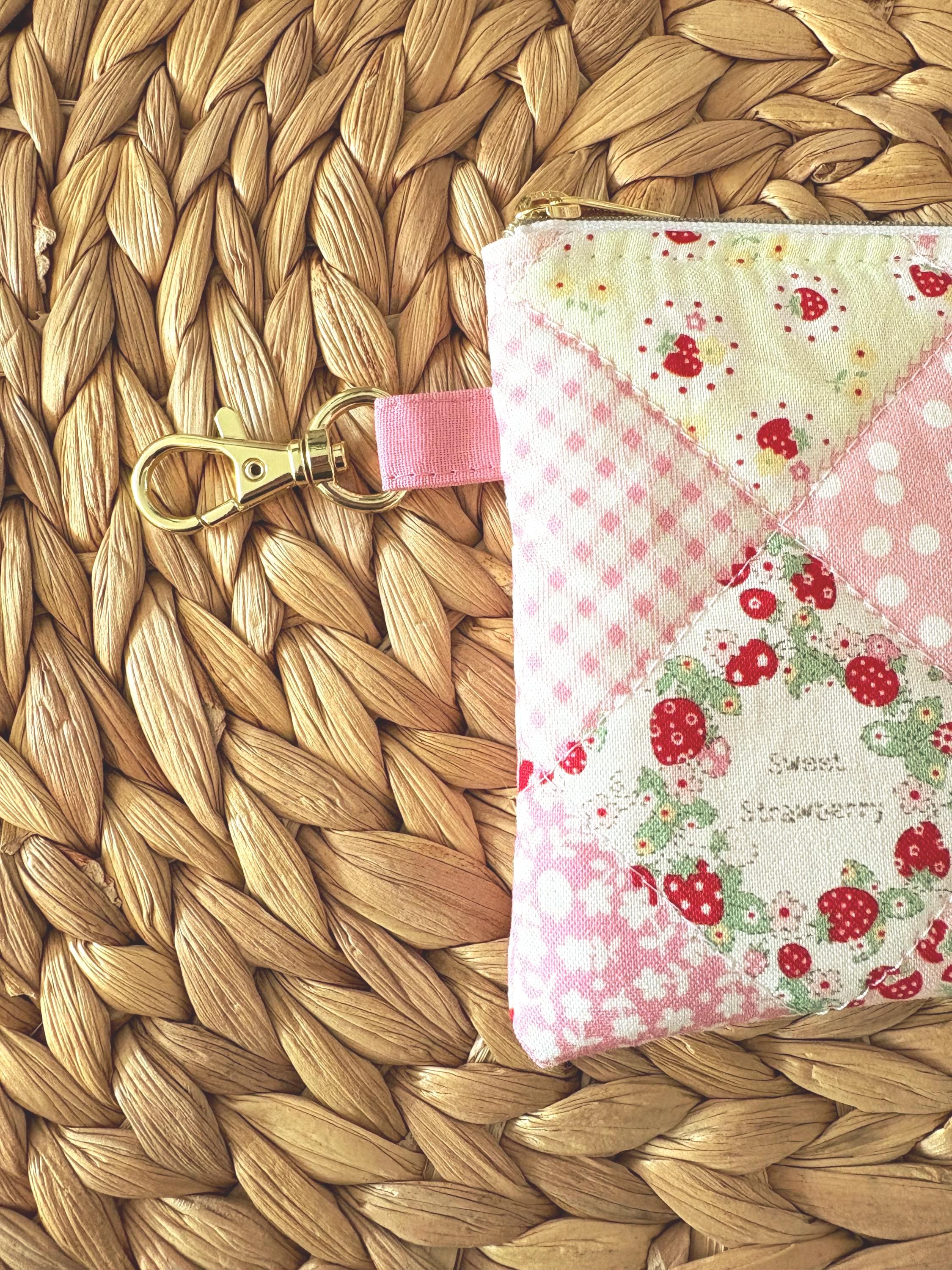 Mini Quilted Zipper Pouch: Strawberry Patchwork Cotton Wallet with pocket and clip - All About Bags Co