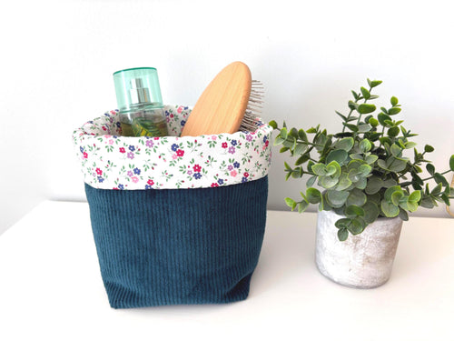 Padded Vanity Organizer with floral lining – Handmade Corduoroy puff basket - All About Bags Co