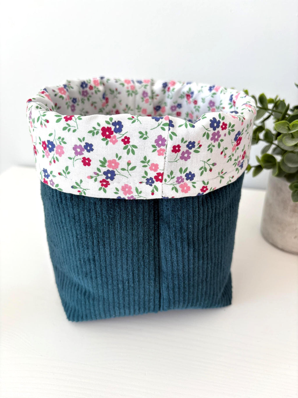 Padded Vanity Organizer with floral lining – Handmade Corduoroy puff basket - All About Bags Co
