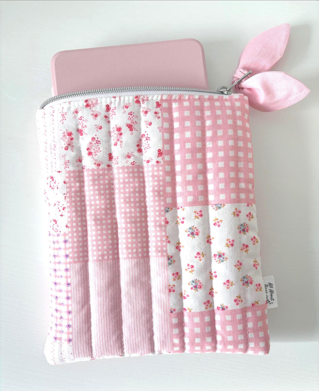 Peach Pink Patchwork Gingham Quilted Kindle Sleeve: Quilted Cotton E - reader Cover - All About Bags Co
