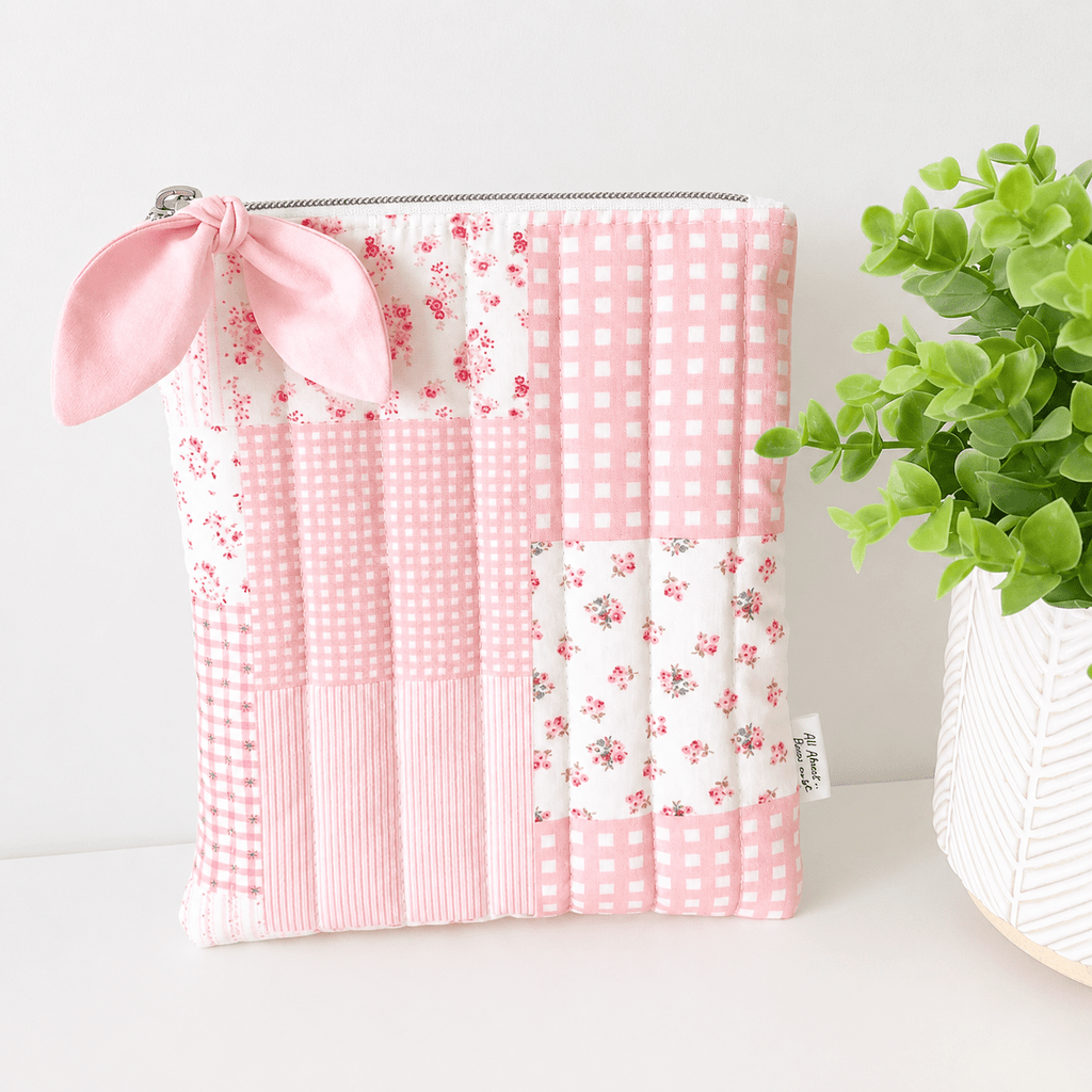 Peach Pink Patchwork Gingham Quilted Kindle Sleeve: Quilted Cotton E-reader Cover - All About Bags Co