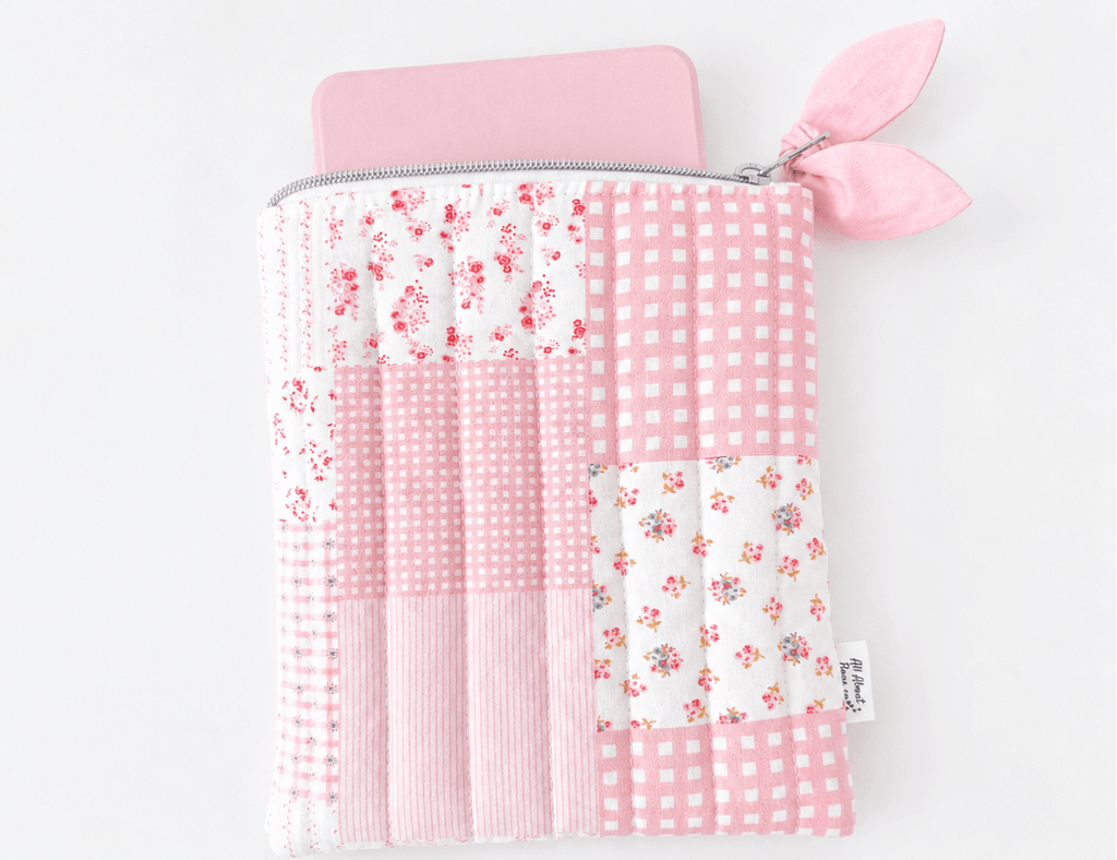 Peach Pink Patchwork Gingham Quilted Kindle Sleeve: Quilted Cotton E-reader Cover - All About Bags Co