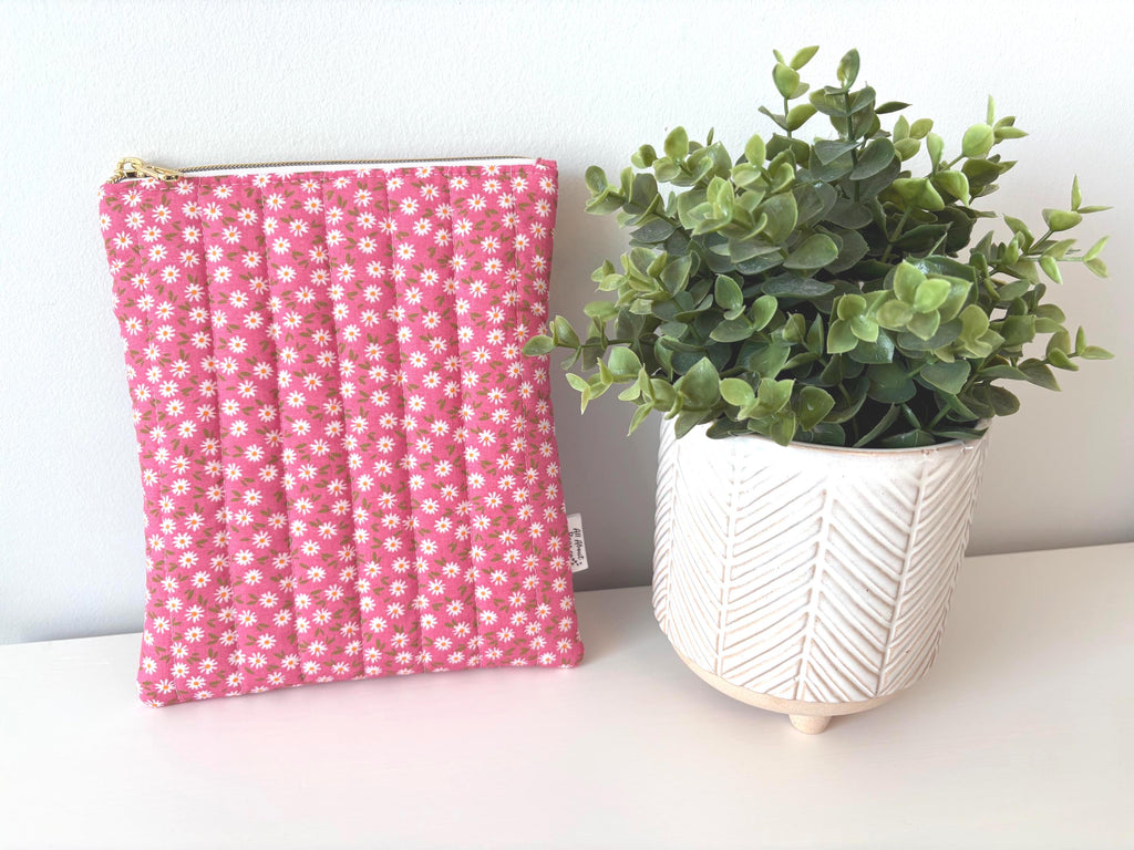 Pink and white Floral Quilted Kindle Sleeve: Padded Cotton E - reader Cover - All About Bags Co