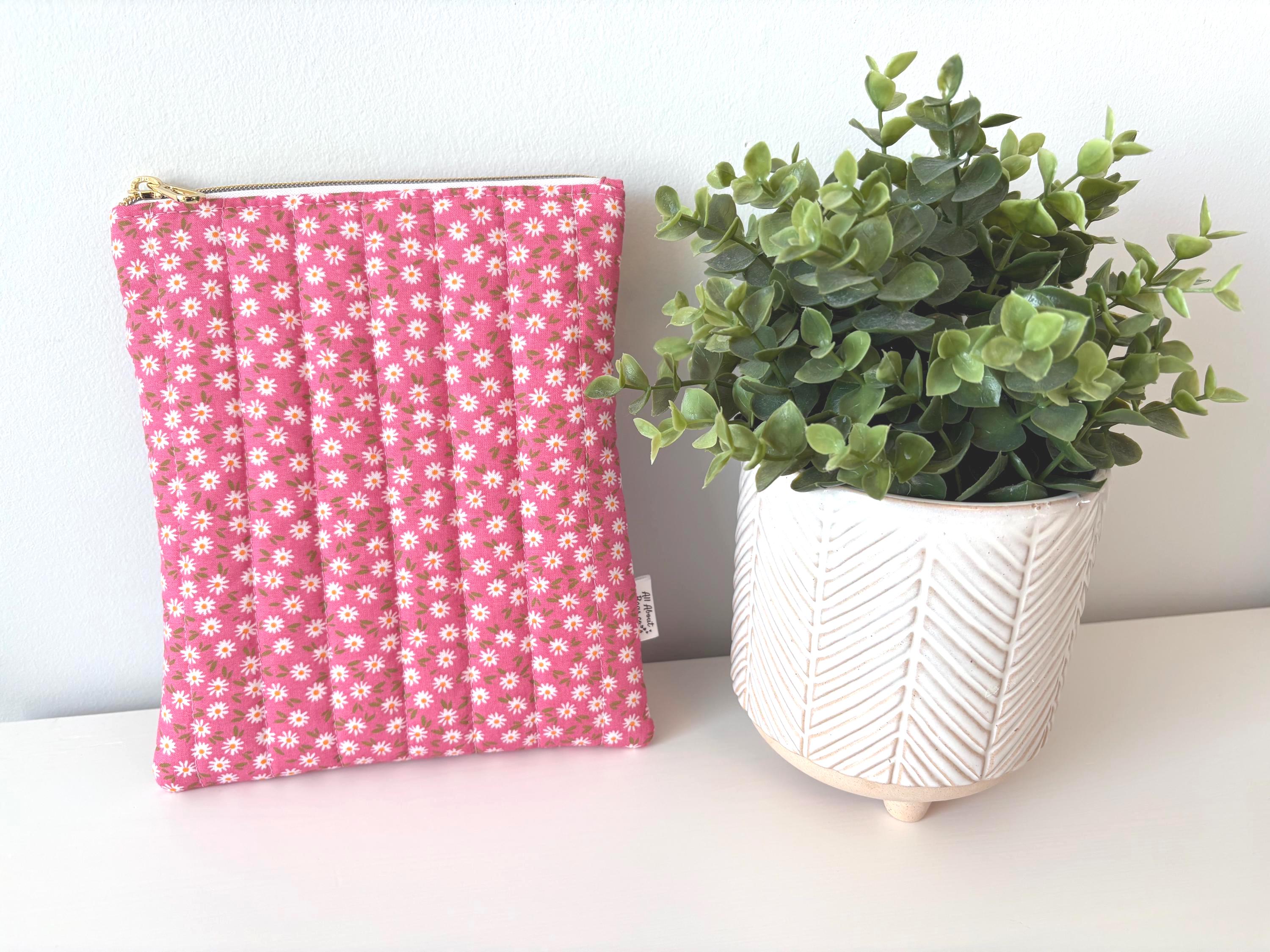 Pink and white Floral Quilted Kindle Sleeve: Padded Cotton E - reader Cover - All About Bags Co