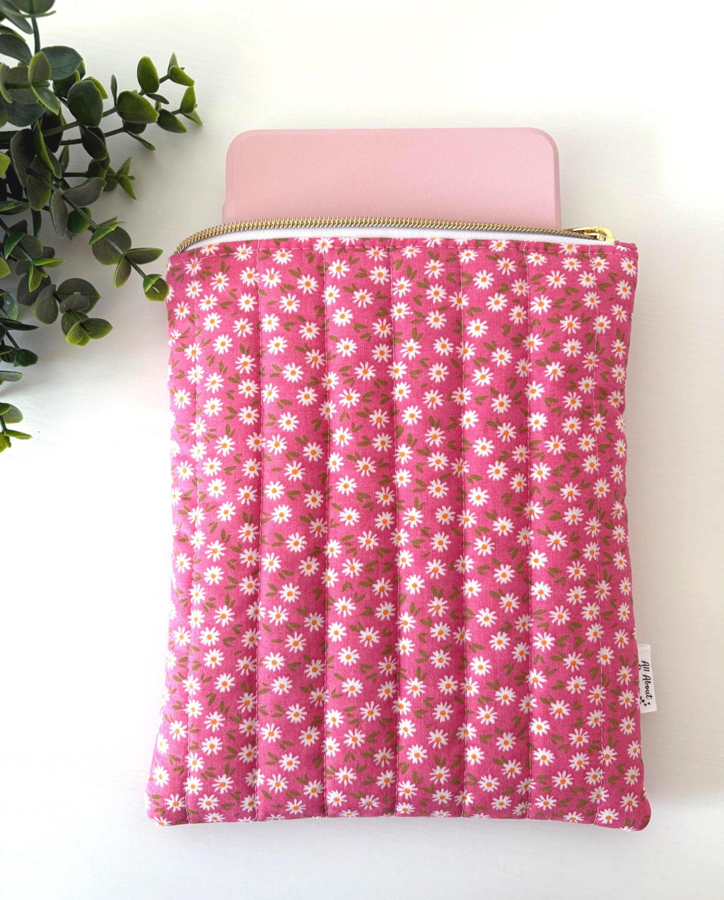 Pink and white Floral Quilted Kindle Sleeve: Padded Cotton E - reader Cover - All About Bags Co