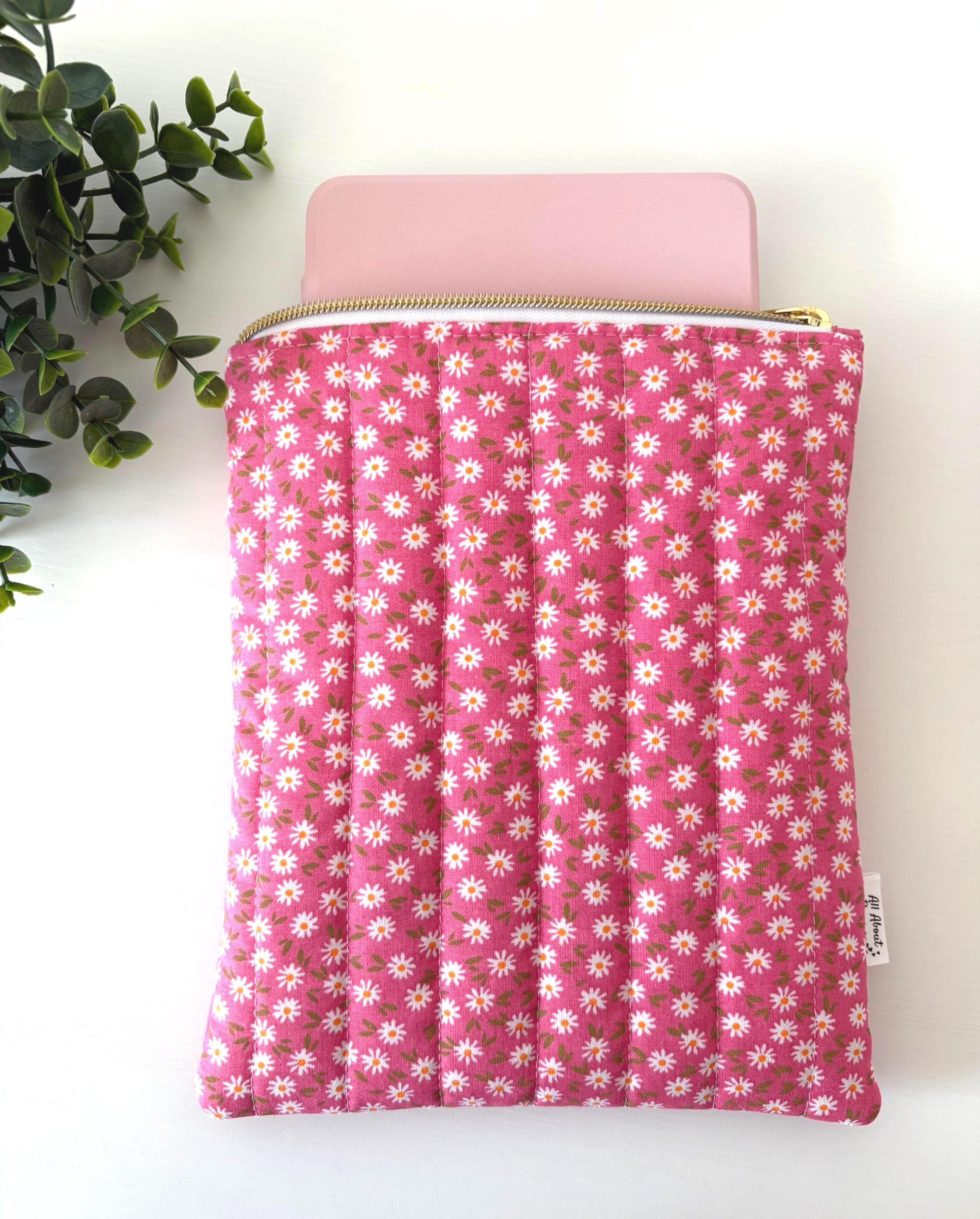 Pink and white Floral Quilted Kindle Sleeve: Padded Cotton E - reader Cover - All About Bags Co
