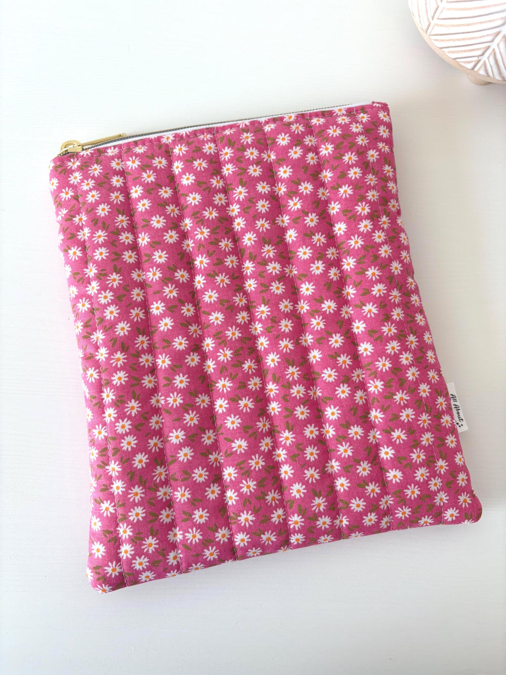 Pink and white Floral Quilted Kindle Sleeve: Padded Cotton E - reader Cover - All About Bags Co