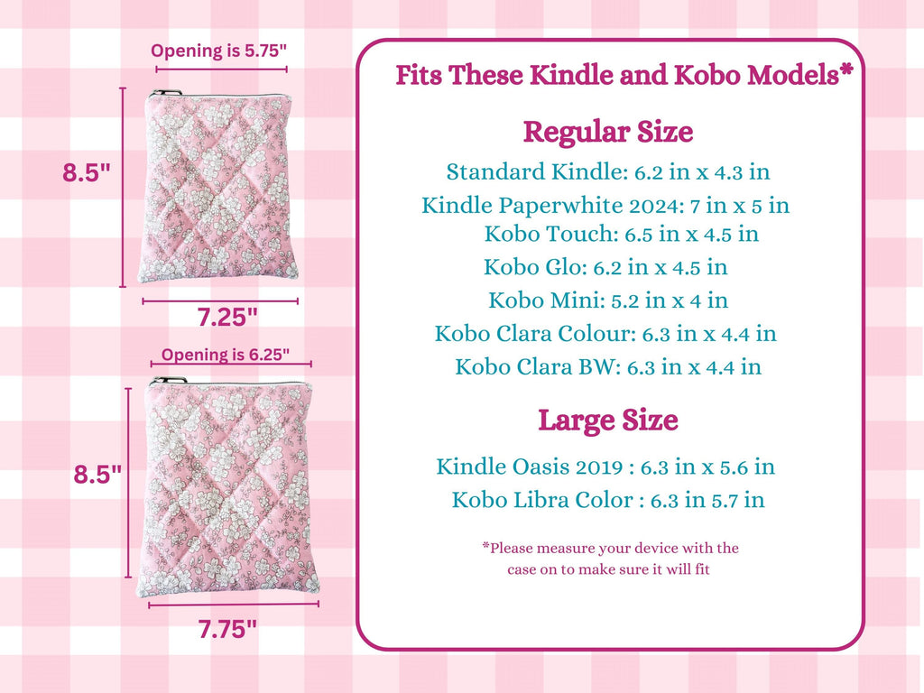Pink and white Floral Quilted Kindle Sleeve: Padded Cotton E - reader Cover - All About Bags Co